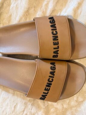 Balenciaga Tan Slide Sandals with Black Logo